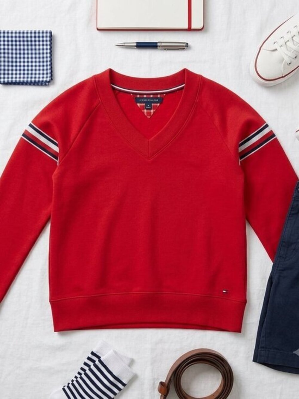 NWT Tommy Hilfiger Red V-Neck Sweatshirt Striped Sleeve Pullover Women's Size M